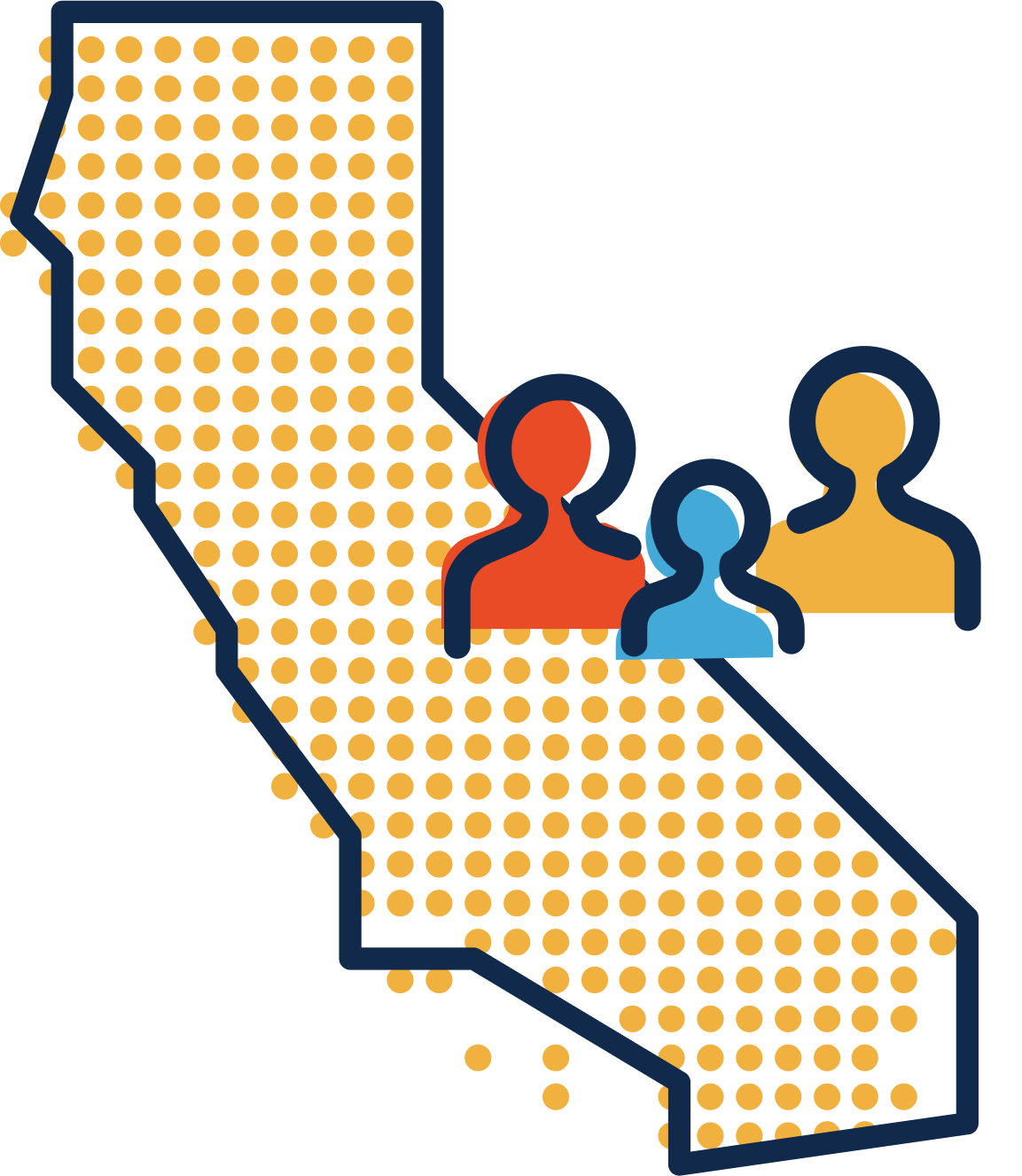 Graphic illustration of the state of California with yellow dots filling the outline and the outlines of three people to the right.