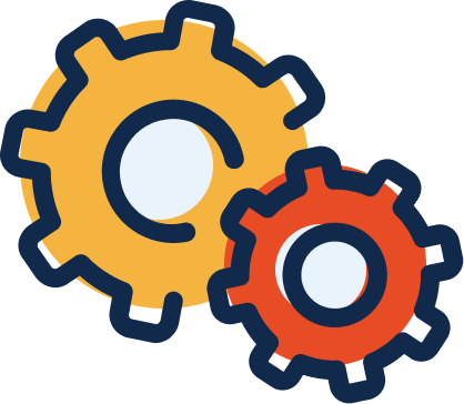 Graphic illustration of a large yellow gear and a smaller orange gear in front of it.