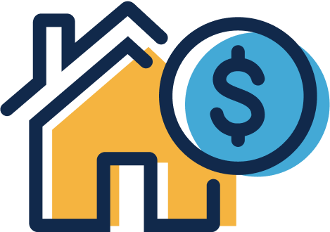 Graphic illustration of a yellow house and the dollar sign symbol in a circle to the right of the house.