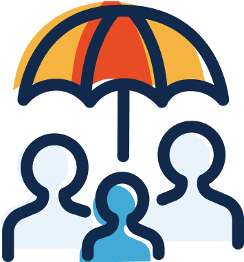 Graphic illustration of the outline of three people standing under an umbrella colored in yellow and orange.