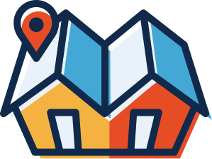 Illustrated graphic of a house colored in yellow and orange, a blue roof, and a map pin symbol on the roof.
