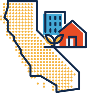 Graphic illustration of the state of California with yellow dots filling the outline and houses on the right.