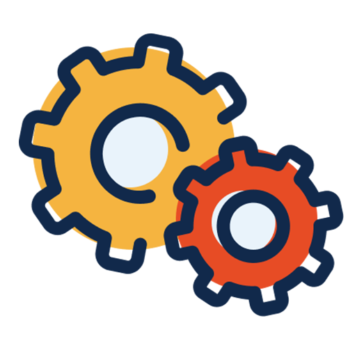 A simple black-line illustration of two cogs. The larger cog is yellow and it sits behind and slightly higher than a smaller red cog. The colors are out of register (go outside the lines). The concept is creating efficiency.