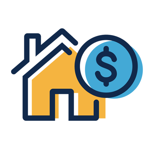 A simple black-line illustration of a house with a pointed roof. The house is yellow. In the foreground, and slightly overlapping the house, is a blue circle with a dollar sign in the center. The colors are out of register (go outside the lines). The concept is rental subsidy.