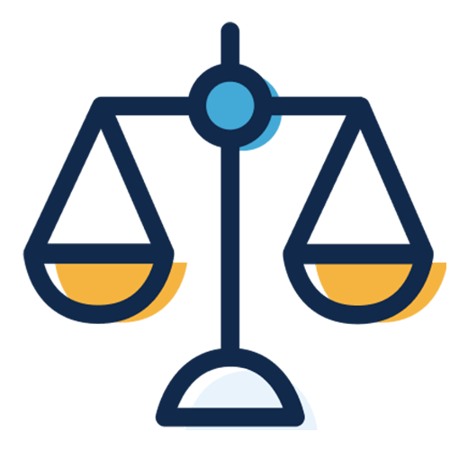A simple black-line illustration of a set of weighing scales. The bowls are yellow, and the fulcrum is a blue circle. The colors are out of register (go outside the lines). The concept is promoting fairness.