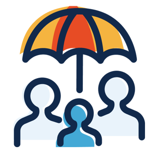 A simple black-line illustration of three people shapes (heads and shoulders) beneath an umbrella. The people are different shades of blue. The umbrella has a red panel in the center with a yellow panel each side. The colors are out of register (go outside the lines). The concept is to protect people.